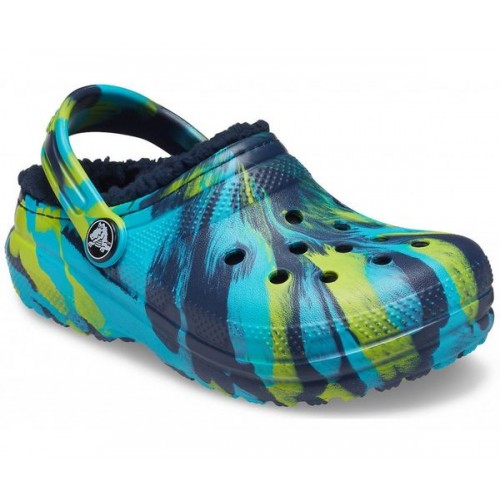 Детские  темно-синие утепленные сабо CROCS Kids' Classic Lined Marbled Clog